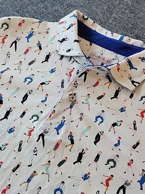 Vintage Coton Doux Polo Shirt Men's Large White All Over Print 100% Cotton